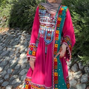 Pink and teal afghan dress